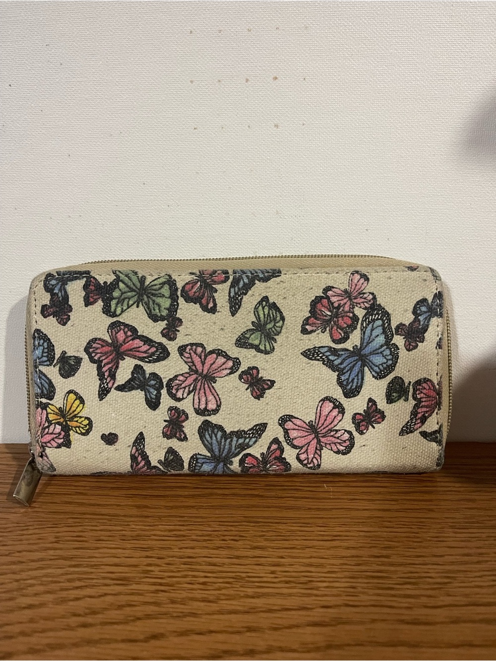 Butterfly Print Zip Wallet - Cream Pink Blue